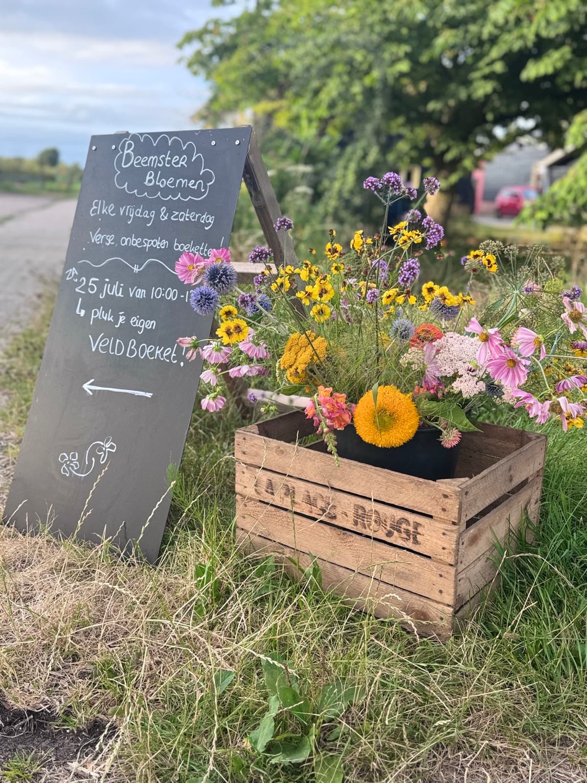 Krat met een vers boeket bij het bord van Beemster Bloemen